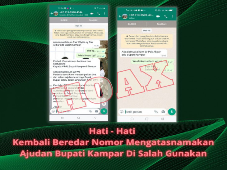 Kembali Beredar Nomor Mengatasnamakan Ajudan Bupati Bupati Kampar Di Salah Gunakan.