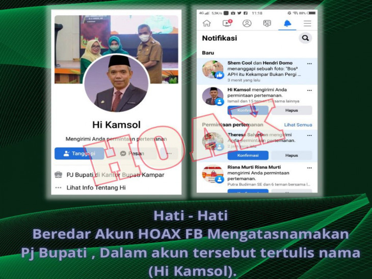Hoax, Beredar Akun FB Mengatasnamakan Pj Bupati Kampar
