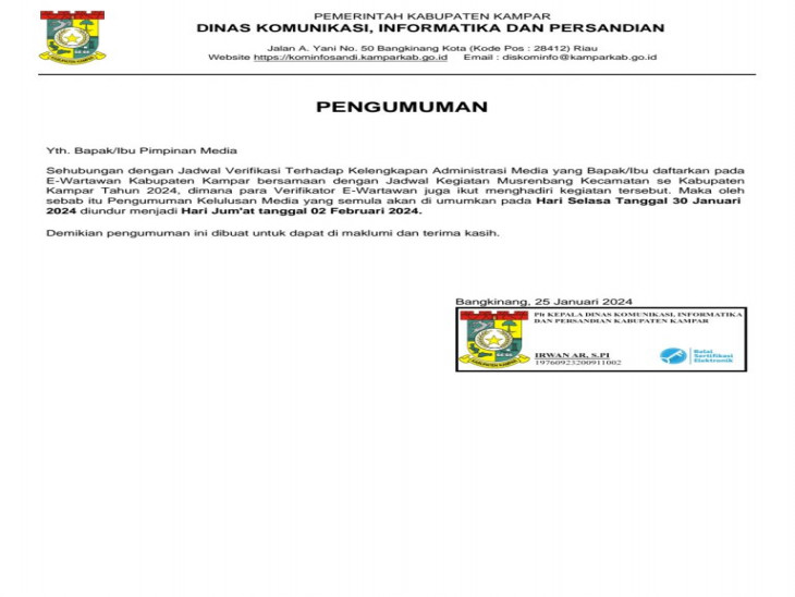 Pengumuman Kelulusan Media Pada E-Wartawan di Undur