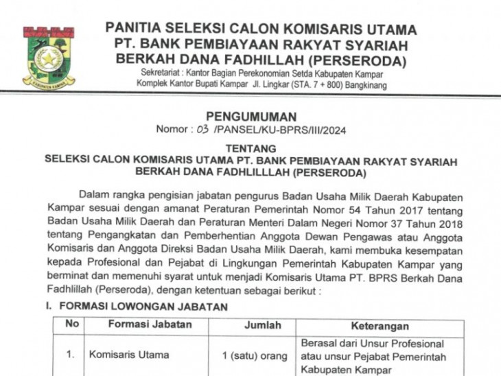 Seleksi Calon Komisaris Utama PT. Bank Pembiayaan Rakyat Syariah Berkah Dana Fadhlillah (Perseroda)