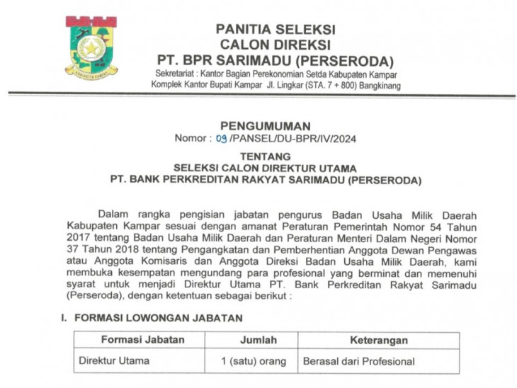 Seleksi Calon Direktur Utama PT Bank Perkreditan Rakyat Sarimadu (Perseroda)