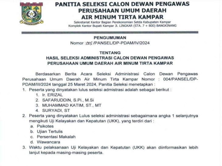 Hasil Seleksi Administrasi Calon Dewan Pengawas Perusahaan Umum Daerah Air Minum Tirta Kampar