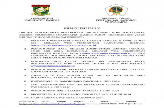 DIBUKA PENDAFTARAN PENERIMAAN TARUNA BARU STPN YOGYAKARTA SELEKSI PEMERINTAH KABUPATEN KAMPAR TAHUN AKADEMIK 2024/2025