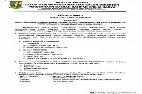 Pengumuman Hasil Seleksi Administrasi Calan Dewan Pengawas dan Calon Direktur Perusahaan Daerah Kampar Aneka Karya