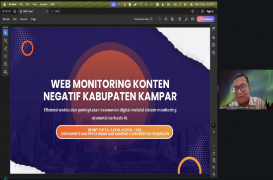 Diskominfo Kabupaten Kampar Kenalkan inovasi sistem web crawling berbasis AI dalam Rakor Nasional yang diselenggarakan oleh Komdigi RI